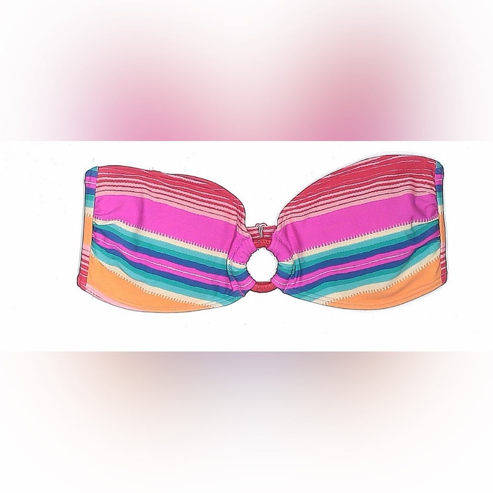 aerie Pink Orange Teal Striped Ring Bandeau Bikini Top